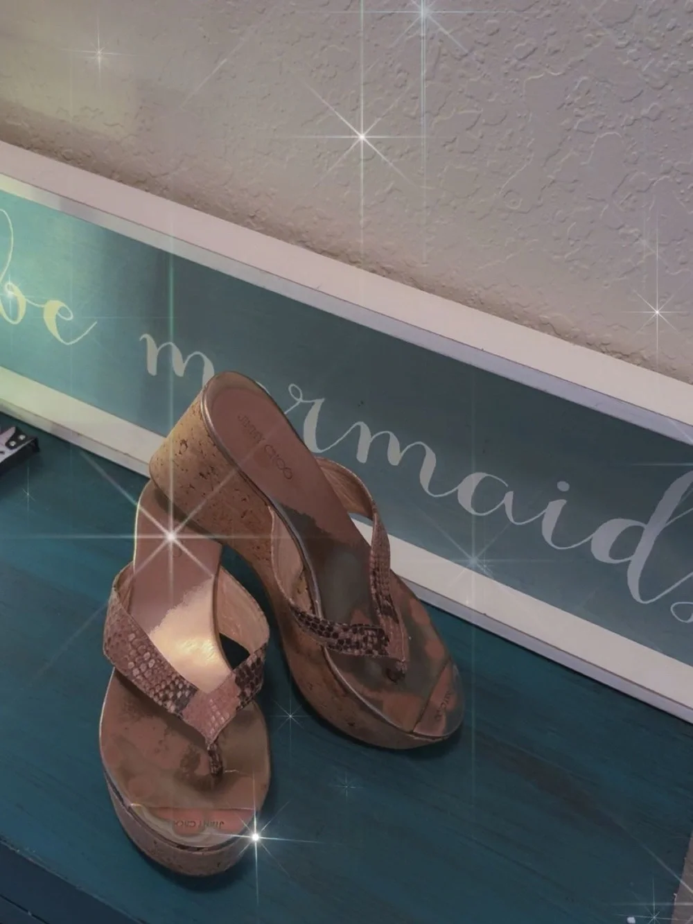 Jimmy Choo Metallic Brown Snakeskin-Texture Wedge Thong Sandals